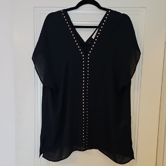 Michael Kors Sheer Navy Gold Studded Sleeveless Blouse - Picture 1 of 9